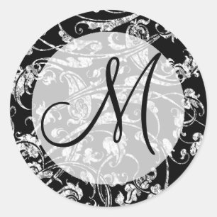 Sticker Rond Design élégant noir blanc Mariage Damask Monogramm