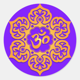 Sticker Rond Design floral jaune et bleu Aum