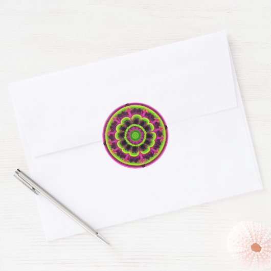Sticker Rond Design Kaleidoscope Rose Neon Et Vert (Enveloppe)