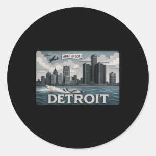 Sticker Rond Design Skyline Détroit Avec What Up Doe’
