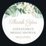 Sticker Rond Design Tropical Foliage Wedding shower Favoriser<br><div class="desc">Cette gamme de papeterie de Fête des mariées ou de Baby shower fêtes s'inspire d'une expérience luxueuse dans un pavillon de forêt tropicale. Ce merci vous préférez le design autocollant dispose d'abondantes feuillages tropicaux associés à des orchidées blanches aquarelles. Tout le texte est personnalisable selon vos besoins.</div>