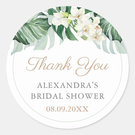 Sticker Rond Design Tropical Foliage Wedding shower Favoriser (Devant)