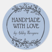 Sticker Rond Design Vert Fabriqué à la main avec amour Nom Bleu (Devant)