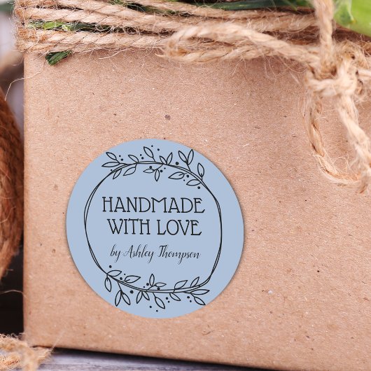 Sticker Rond Design Vert Fabriqué à la main avec amour Nom Bleu
