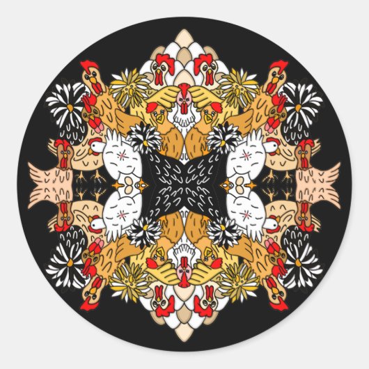 Sticker Rond Dessin à la main amusant Poulets de dessin (Devant)