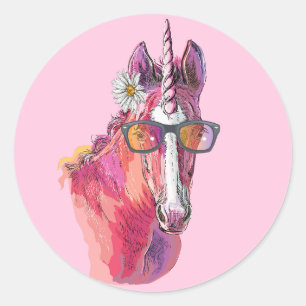 Sticker Rond Dessin à la main Unicorne rose