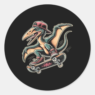 Sticker Rond Dessin animé de dinosaure ptérodactyle de skateboa