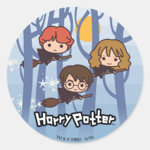 Sticker Rond Dessin animé Harry, Ron et Hermione volant dans le