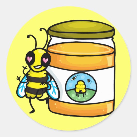 Sticker Rond Dessin d'abeille appuyé sur un pot de miel (Devant)