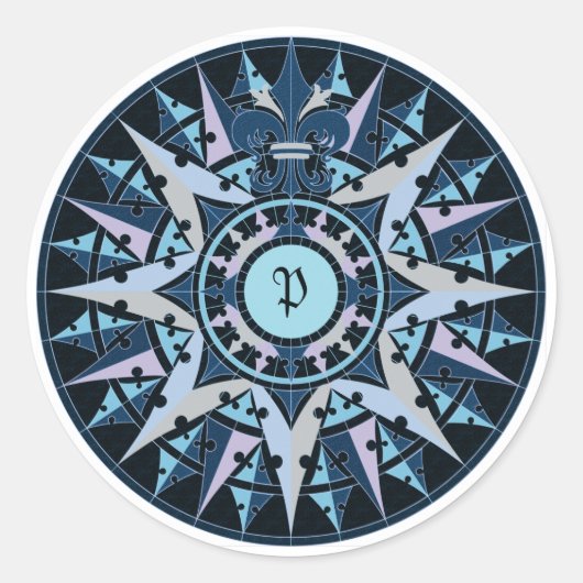 Sticker Rond Dessin d'art, antique boussole rose, ajouter monog (Devant)