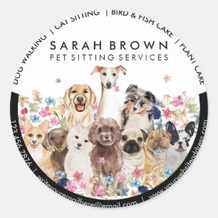 Sticker Rond Dessin de chiens et cadre floral