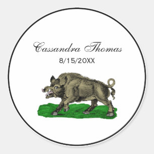 Sticker Rond Dessin de sanglier sauvage vintage en noir et blan