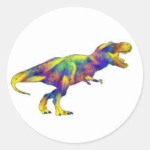 Sticker Rond Dessin de T Rex en course coloré et psychédélique 