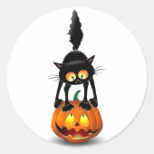 Sticker Rond Dessin d'Halloween au chat effrayé sur Citrouille (Devant)