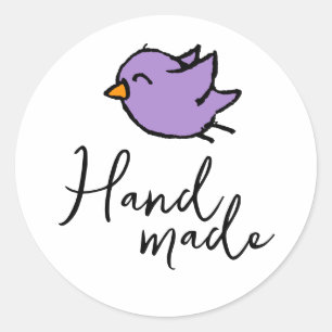 Sticker Rond Dessin d'oiseau bleu fait main, écriture manuscrit