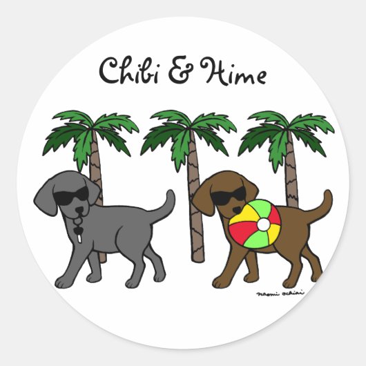 Sticker Rond Dessin du cool Labradors Beach Party (Devant)