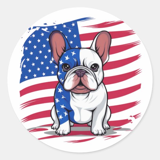 Sticker Rond Dessin d'un bulldog français avec drapeau américai (Devant)