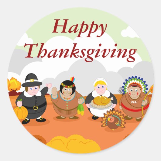 Sticker Rond Dessin moderne du premier Thanksgiving de 1621, (Devant)