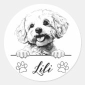 Sticker Rond Dessin personnalisé de chien Bichon Frise à la mai (Devant)