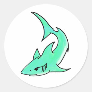 Sticker Rond dessin souriant requin menthe bleu vert océan anim