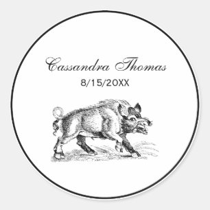 Sticker Rond Dessin vintage de sanglier en noir et blanc #2