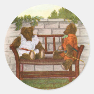 Sticker Rond Dessin vintage : Le nounours concerne un banc