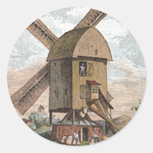 Sticker Rond Dessin vintage : Le vieux moulin