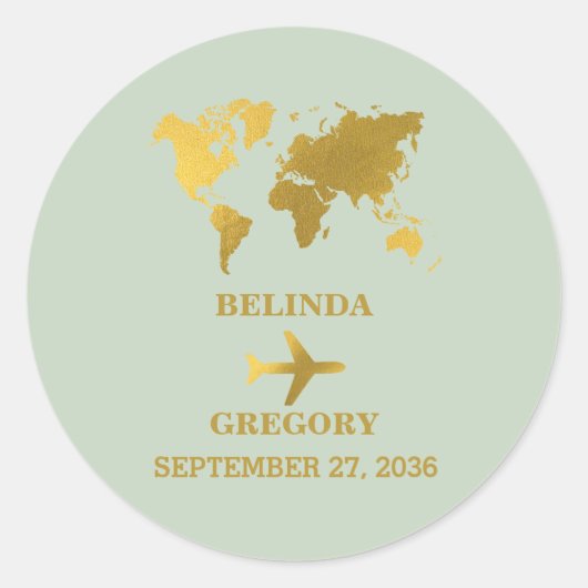 Sticker Rond Destination Mariage Monde Passport Sage Vert Or (Devant)