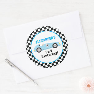 Sticker Rond Deux Anniversaire Garçon Bleu Course Rapide Voitur
