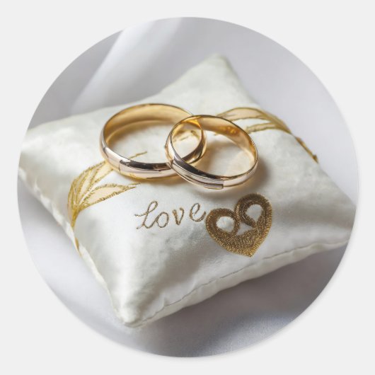 Sticker Rond Deux bagues mariages sur un coussin blanc (Devant)