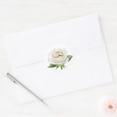 Sticker Rond Deux bagues mariages sur une rose blanche (Enveloppe)