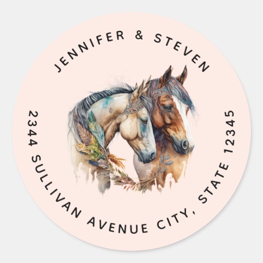 Sticker Rond Deux beaux chevaux Western Boho Adresse (Devant)