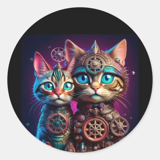 Sticker Rond Deux chatons Steampunk posent (Devant)