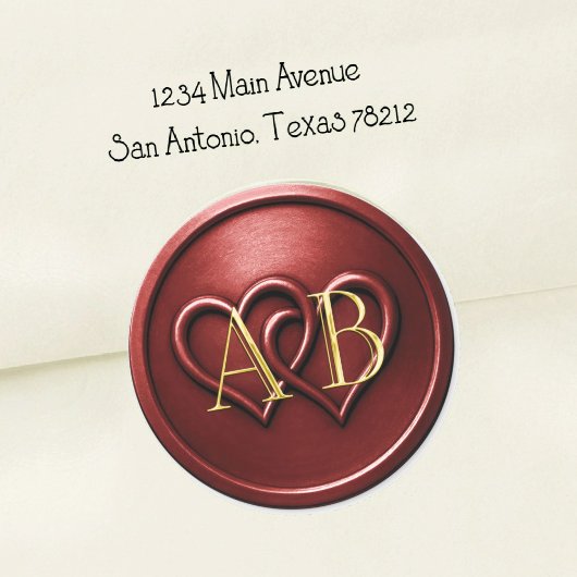 Sticker Rond Deux cœurs entrelacés Monogramme Mariage Rouge pro