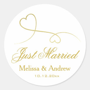 Sticker Rond Deux Coeurs Or Élégants   Mariage 'Juste Marié'