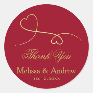Sticker Rond Deux Coeurs Or Élégants Mariage rouge "Merci"