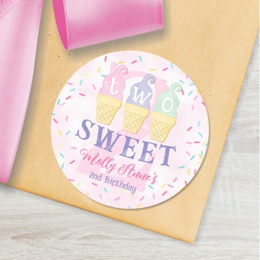 Sticker Rond Deux Cones de crème glacée rose douce 2e anniversa