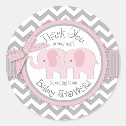 Sticker Rond Deux éléphants roses gris blanc Merci Chevron (Devant)