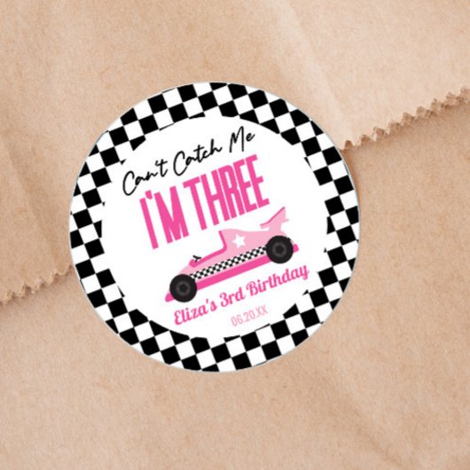 Sticker Rond Deux Fast Pink Race Car 2e fête d'anniversaire