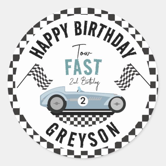 Sticker Rond Deux Fast Race Car Boy 2e fête d'anniversaire (Devant)