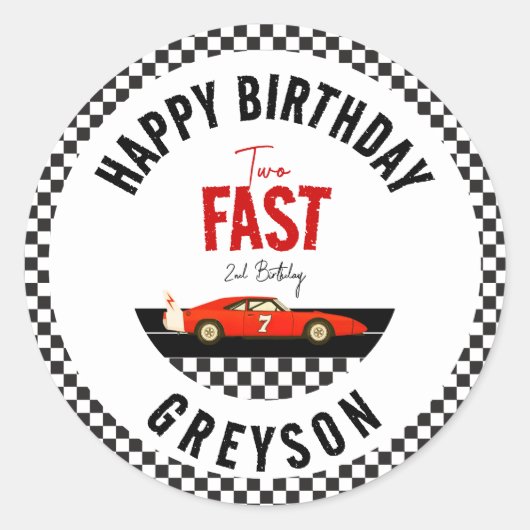 Sticker Rond Deux Fast Race Car Boy 2e fête d'anniversaire (Devant)