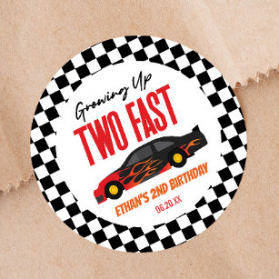 Sticker Rond Deux Fast Red Flame Race Car 2e fête d'anniversair