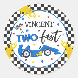 Sticker Rond Deux fête d'anniversaire rapide Blue Race Car 2e a