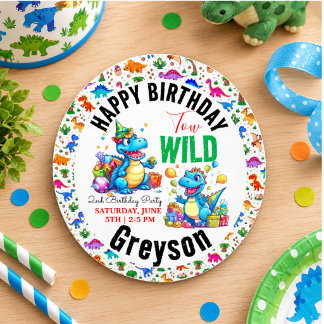 Sticker Rond Deux garçons dinosaures sauvages pour un 2e annive