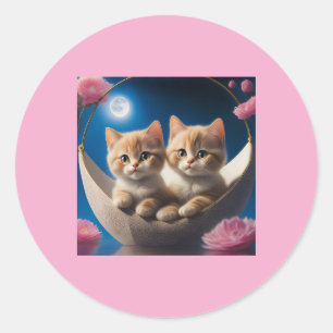 Sticker Rond Deux Jeunes Chatons Dans Un Panier Avec Roses Rose