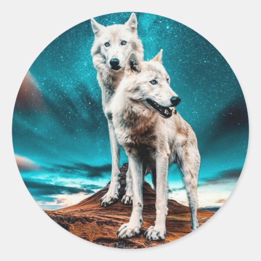 Sticker Rond Deux loups de l'Arctique (Devant)