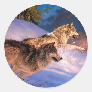 Sticker Rond Deux loups gris en hiver