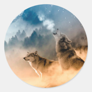 Sticker Rond Deux loups hurlent à la pleine lune en forêt