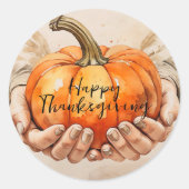 Sticker Rond Deux mains doucement tenir un Thanksgiving Citroui (Devant)