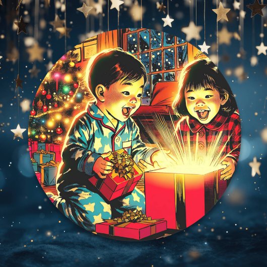 Sticker Rond Deux mignons enfants d'Asie Vintage Noël